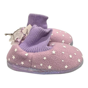 Joe Fresh Slipper Socks Girls Size 6-12M Purple Star Print Soft Sole Cozy Indoor